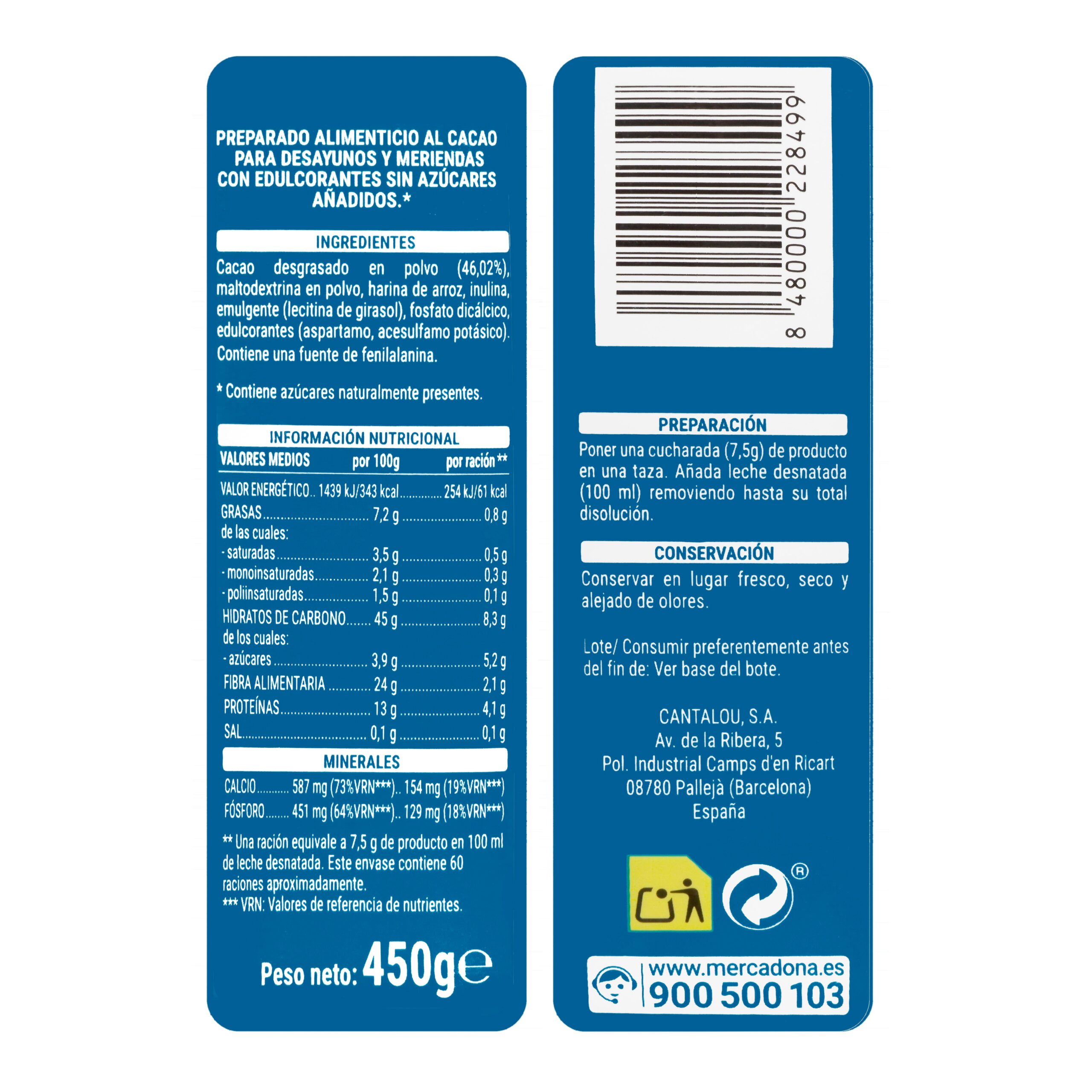 Etiqueta Cacao soluble 0% azúcares añadidos Hacendado